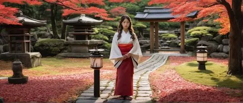 Omdura, Japanese shrine maiden, solo, (18yo), beautiful detailed eyes, light blush, long curly brown hair, traditional red hakama, white kimono, obi sash tied in back, geta sandals, holding a ritual t