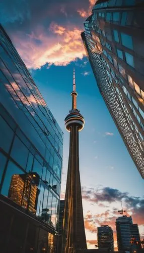 Toronto skyscraper, modern, glass, steel, sleek, angular, reflective, CN Tower, City Hall, urban, downtown, financial district, busy streets, pedestrians, cars, buses, streetlights, evening, sunset, w