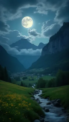 a river runs between two mountains with the full moon behind it,moonlit night,moonlit,moon in the clouds,landscape background,fantasy landscape,beautiful landscape