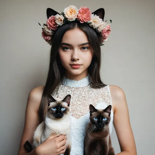 18yo girl with flower crown playing with Siamese cat,beautiful girl with flowers,flower crown,flower cat,blossom kitten,cute cat,kittens,cat lovers,cat ears,two cats,doll cat,feline look,flower girl,s