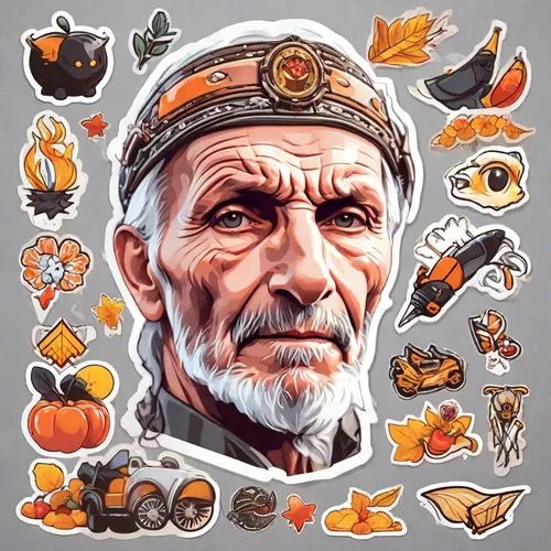 an old man is shown with many stickers,autumn icon,fall icons,halloween icons,witch's hat icon,makarov,autumn theme,Digital Art,Sticker