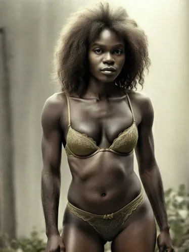 Ifunanya Aderinsola (female) from Nigeria in her hairy beauty. Her entire body is covered in hair like an ape-woman. She wears a simple brown lingerie set. (Bra and thong panties).,a woman wearing an 