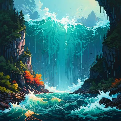 fantasy landscape,waterfall,waterfalls,water fall,tidal wave,water falls,chasm,rapids,cliffs ocean,flowing water,water scape,wasserfall,waterscape,falls,landscape background,ocean waves,falls of the cliff,emerald sea,world digital painting,cascades,Conceptual Art,Fantasy,Fantasy 32