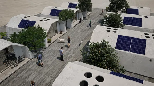 cargo containers,cube stilt houses,photogrammetric,boardinghouses,solar panels,graecorum