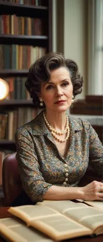 Quirky philosopher, mature lady, elegant hairstyle, subtle makeup, classic blouse, high-waisted pencil skirt, pearl necklace, sitting comfortably, vintage armchair, warm lighting, cozy study room, old