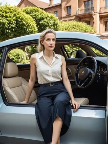 A high resolution photo Portrait of Alice Weidel sitting inside a luxury car.,the young woman sitting in a car next to her blue vehicle,girl and car,car model,woman in the car,peugeot 203,girl in car,