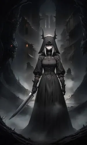 a man in a dark castle holding a sword,gothic woman,batwoman,malefic,abaddon,shadowgate,dark art