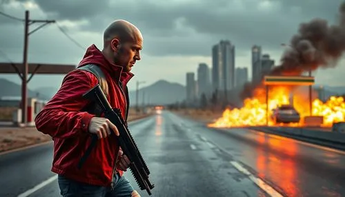 A Bald adult with a grunge red jacket holding a weapon, unreal engine, Car on Fire, Realistic, cinematic, Licence plate read: "Open Fire",a man in a red coat holding a gun and looking at a yellow fire