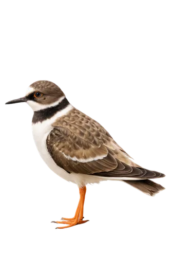 Plover bird, standing, solo, brown plumage, white belly, black head, orange beak, long wings, folded wings, slender legs, webbed feet, calm expression, realistic, natural light, shallow depth of field