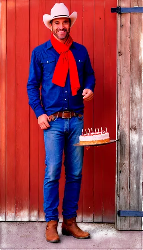 Cowboy, middle-aged man, smiling face, stubble beard, brown hair, worn leather boots, blue jeans, white cowboy hat, red bandana, holding birthday cake with candles, standing in front of wooden barn do