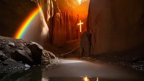 rainbow on the sky, reflection in the waters,rainbow lit up into a rocky gorge with a water source in the foreground,rainbow bridge,rainbow background,bifrost,canyoneering,abstract rainbow,beam of lig