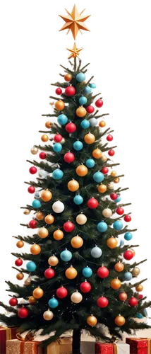 White Christmas tree, decorated with colorful balls, glittering star on top, snowflakes around, shiny ornaments, golden tinsel, bright lights, festive atmosphere, indoor setting, 3/4 composition, shal