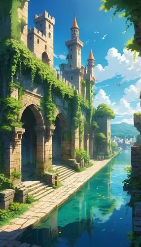 fantasy landscape,violet evergarden,alfheim,fantasy city,ghibli,maplestory,fantasy world,city moat,ancient city,castlelike,3d fantasy,mabinogi,meteora,studio ghibli,underwater oasis,citadels,butka,landscape background,aqua studio,bird kingdom,Illustration,Japanese style,Japanese Style 03