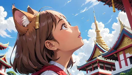 asakusa,looking up,studio ghibli,sakura background,summer crown,sightseeing,amusement park,kingdom,japanese sakura background,blue sky,ears of rice,festival,japanese background,orient,clear sky,torii,world digital painting,asia,kyoto,forbidden palace,Anime,Anime,Traditional