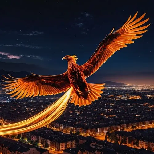 orange fire phoenix shooting up majestically into the night sky above a lit European city,griffon bruxellois,mongolian eagle,birds of prey-night,phoenix,bird of prey,imperial eagle,flying hawk,eagle,g