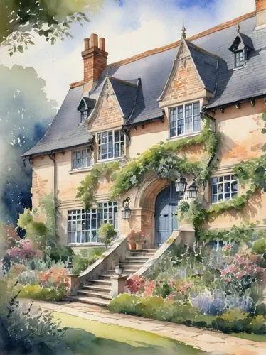 Classic English country house, Edwin Lutyens style, brick facade, ornate stone carvings, steeply pitched roof, multiple chimneys, overhanging eaves, asymmetrical composition, lush greenery, climbing v