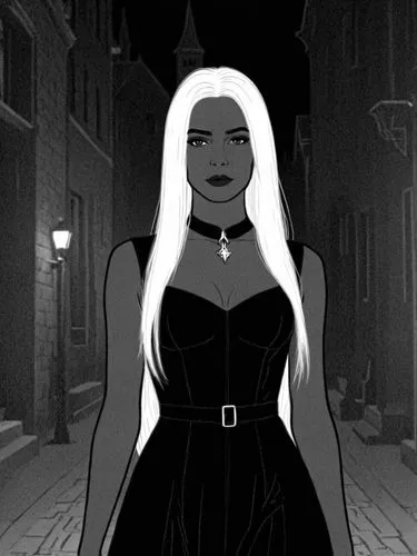 the girl is looking over her shoulder as she stands in a dark street,morticia,ghostley,villainess,vampire woman,vampire lady,lenore,Design Sketch,Design Sketch,Rough Outline