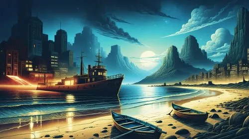 a fantasy beach with an old boat and buildings in the background,sci fiction illustration,fantasy picture,sea fantasy,fantasy landscape,fantasy art,atlantica,Illustration,Realistic Fantasy,Realistic F