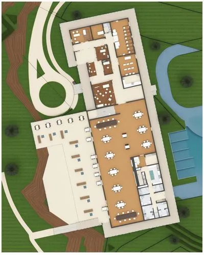 The image is a floor plan for an ecolodge ground floor, featuring an entrance and reception area, multiple dining areas, a kitchen, a pool with surrounding seating, outdoor seating and pathways, addit