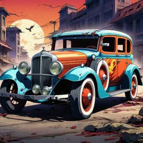 hotrod car,cartoon car,bockscar,cuba background,retro automobile,retro car,Illustration,Japanese style,Japanese Style 03