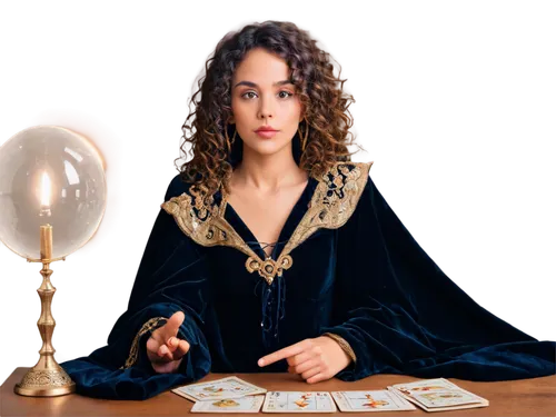 Mystic tarot reader, solo, (25yo), sensual lips, smoky eyes, curly brown hair, golden earrings, elegant fingers, velvet cloak, lace gloves, crystal ball, ornate table, dimly lit, soft focus, warm colo