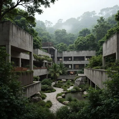 Rugged zoo landscape, brutalist architecture, weathered concrete walls, rustic wooden fences, dense jungle foliage, exotic animal habitats, misty atmosphere, dramatic lighting, shallow depth of field,