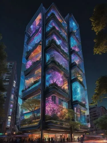 HyL futuristic architecture, sleek metallic buildings, neon lights reflecting off glass surfaces, intricate circuitry patterns, holographic advertisements floating above streets, bustling cityscape at