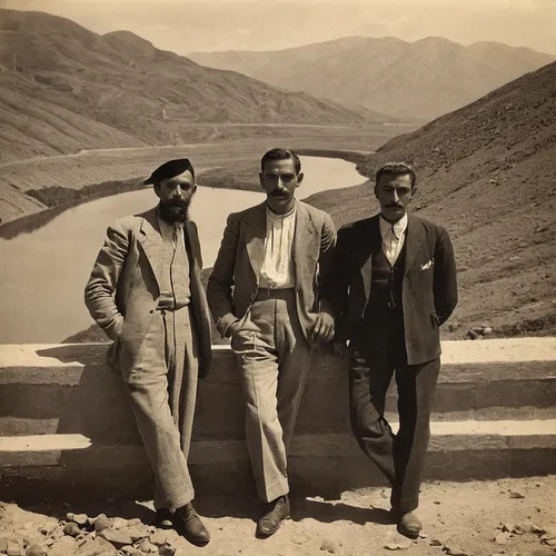 three man posing on dam by mountain lake reservoir Morocco 1930s,pamir,wadi mujib,the pamir highway,khan el kalili,casement,kurdistan,the pamir mountains,toktogul dam,wadi dana,tajikistan,abe-e-panj r