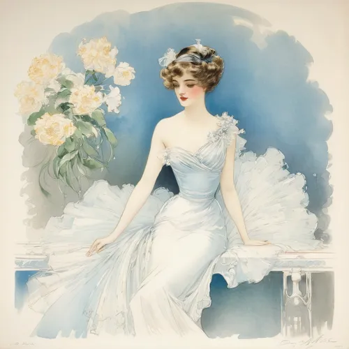 vintage illustration,vintage print,debutante,vintage china,lisianthus,advertising figure,ethel barrymore - female,dame blanche,1906,1905,vintage art,vintage flowers,advertisement,vintage female portrait,art deco woman,marguerite,vintage woman,vintage women,twenties women,mazarine blue,Conceptual Art,Daily,Daily 23