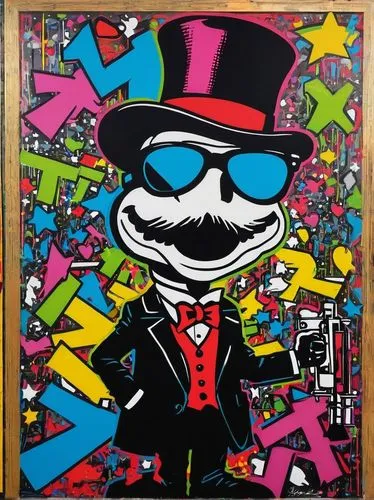 **Input 1,a painting of a man wearing a top hat, glasses and a suit and bowtie with,tux,britto,kozik,tuxedo,antimonopoly,tuxis,lulzsec,snidely,tuxedo just,branca,paisano,cool pop art,monopolar,banky,r