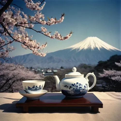 The image portrays an interior setting with a low wooden table positioned centrally. The table holds a white teapot and a small white bowl. Behind the table is a large, decorative wall panel featuring