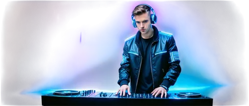 Neon-lit DJ, futuristic cyberpunk, solo, male, 25yo, short spiky hair, silver headphones, neon blue eyes, sleek black jacket, metallic gloves, holding DJ console, standing, low-angle shot, vibrant neo