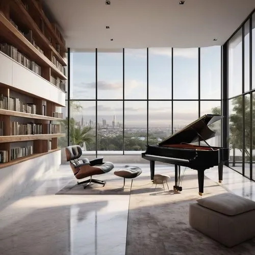 grand piano,modern living room,piano books,loft,steinway,the piano,modern room,living room,livingroom,piano,great room,interior modern design,luxury home interior,pianos,penthouses,music conservatory,bookcases,minotti,bookcase,sky apartment,Photography,Black and white photography,Black and White Photography 07