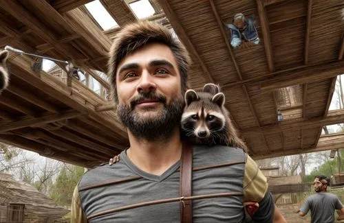 man carrying racoons to safety ,man holding a baby rac in his arms,taika,gmm,capuchins,polat,kaysar,duplass,Common,Common,Natural