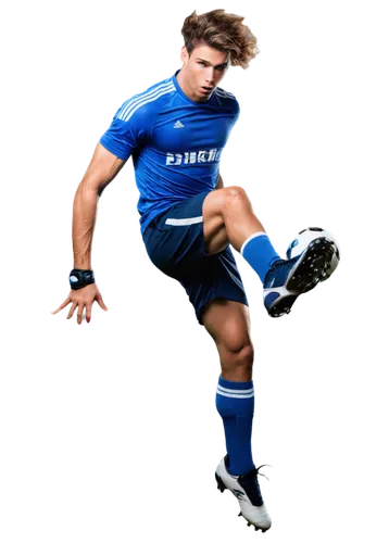 Muscular man, football player, athletic build, sweaty skin, messy hair, intense facial expression, ripped jersey, shorts with soccer socks, shin guards, cleats, dynamic pose, kicking ball, jumping in 