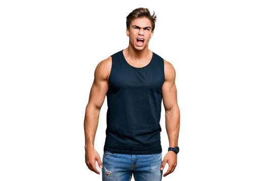 Angry young man, messy brown hair, sharp eyebrows, intense gaze, red eyes, strong facial muscles, clenched teeth, muscular build, black sleeveless shirt, ripped jeans, bold tattoos, standing, dynamic 