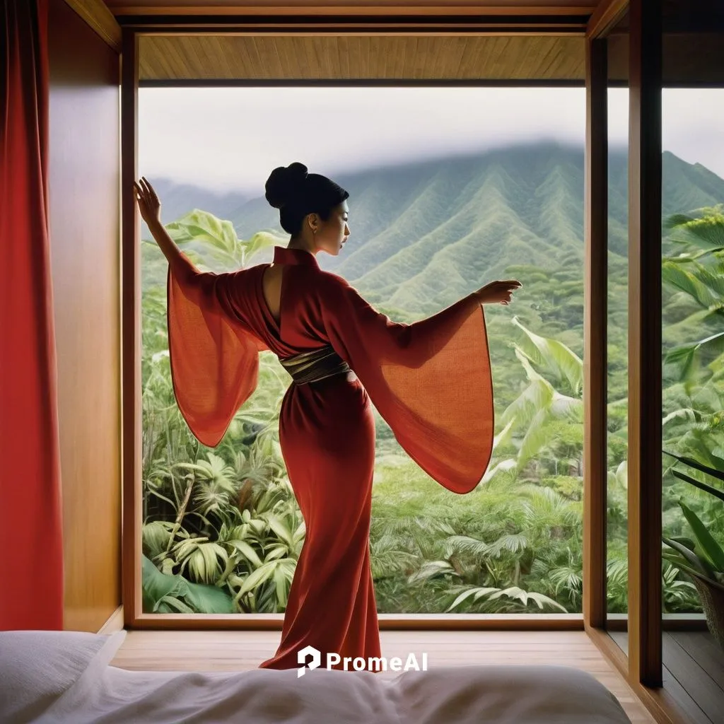 a young marvellous woman stand in fron of her window. She wearing a nude red kimono. show the interior. The window, however, is slightly ajar, revealing a regal aura etched onto the facade that dances