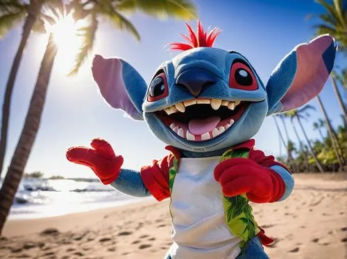 Stitch, cute, cartoon style, blue eyes, big smile, white teeth, spiky hair, red nose, white gloves, iconic pose, standing, Hawaii beach, palm trees, bright sun, clear sky, warm lighting, soft focus, s