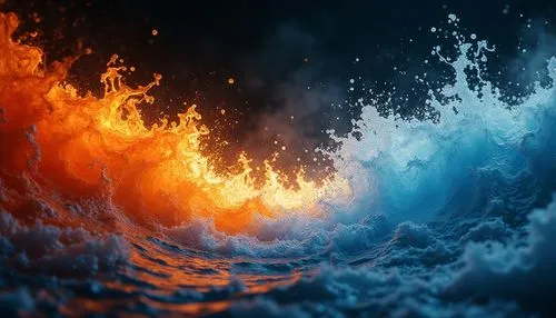 dynamic contrast and harmony between fire and water. On one side, vibrant flames dance in shades of deep orange, red, and yellow, swirling with fluid motion. On the opposite side, cascading waves of c