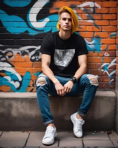 Create an avatar, self-portrait, cartoon-style, youthful, vibrant hair colors, bright eyes, subtle smile, casual wear, ripped jeans, black graphic t-shirt, sneakers, relaxed posture, leaning against a