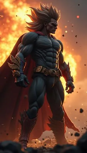 32k photo-realistic, high definition Full body photos, Hyper-realistic. "Super Bat-man", brooding intensity, Saiyan-Spike Long Hairstyle, muscular physique, Hercules-Saiyan battle armor, ridged forehe