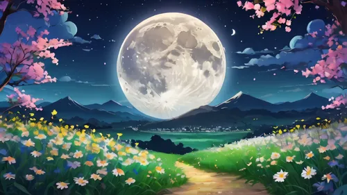 moon and star background,moonlit night,landscape background,springtime background,moonlit,spring background,full moon,nature background,lunar landscape,moonlight,fantasy picture,moon and foliage,moon night,hanging moon,moonlighted,the moon,moonshining,big moon,moon,herfstanemoon,Illustration,Japanese style,Japanese Style 04