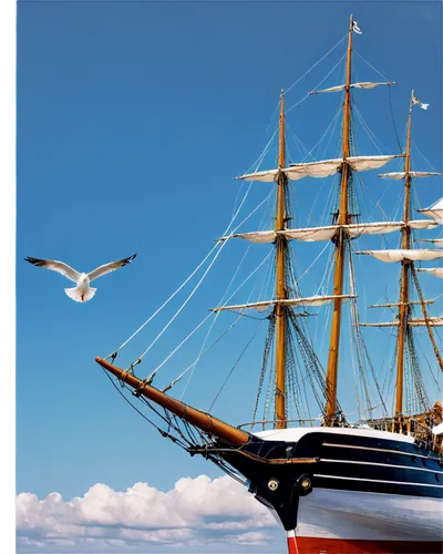 Large sailing vessel, majestic stern, billowing white sails, intricate rigging, wooden hull with brass fixtures, portholes, anchor at bow, seagulls flying overhead, sunny day, few clouds, 3/4 composit