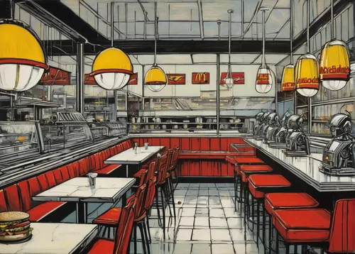 retro diner,soda fountain,david bates,red robin,diner,new york restaurant,soda shop,fast food restaurant,food court,watercolor cafe,bistrot,restaurants,dining,colored pencil background,atlantic grill,a restaurant,fifties,big kitchen,drinking establishment,the coffee shop,Art,Artistic Painting,Artistic Painting 01