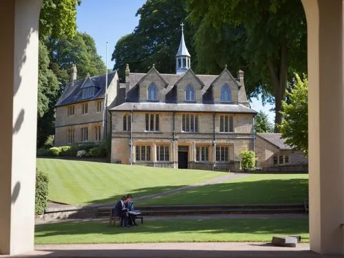 Transform the famous drawing by Bill Denny “Malvern College, House Nr. 7” into a contemporary, high-resolution black and white photo in an impressive way.,two people sitting on a bench in front of a l