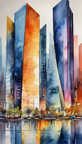 skyscrapers,watercolor painting,songdo,cityscape,watercolor,cityscapes,city scape,city skyline,skyscraping,watercolours,skylines,tall buildings,watercolorist,watercolors,1 wtc,azrieli,watercolor background,sky city,colorful city,skyscraper,Illustration,Paper based,Paper Based 24