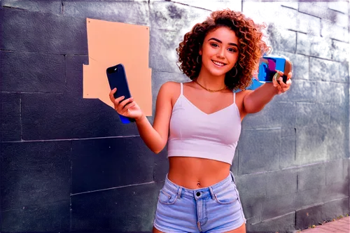 woman holding a smartphone,girl making selfie,a girl with a camera,midriff,jeans background,denim background,cell phone,video phone,phone,blu cigs,floppy disc,cellular phone,floppy disk,on the phone,phone case,taking photos,blackbook,concrete background,cellphones,payphone,Conceptual Art,Sci-Fi,Sci-Fi 06