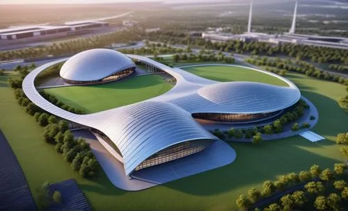 a futuristic cricket academy design with tensile roof structures and net practising areas at the left side covered . the site boundary is covered with link mesh all around. The building is fully const