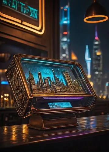 jukebox,retro diner,digital piano,payment terminal,neon sign,cyberpunk,tablet computer stand,bar counter,electronic signage,interactive kiosk,futuristic,apple desk,computer terminal,neon coffee,temperature display,digital tablet,retro television,retro technology,charging station,computer case,Illustration,Realistic Fantasy,Realistic Fantasy 13