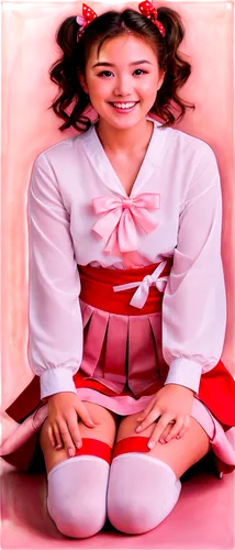 Cute cherry blossom girl, round face, soft pink cheeks, big brown eyes, curly short hair, ribbon tied ponytail, sweet smile, gentle blush, white blouse, red skirt, knee-high socks, Mary Jane shoes, si